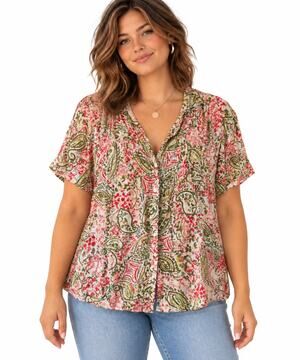 Avenue Swirly Floral Button Top Womens Size 14/16 XL Semi Sheer White Pink Olive